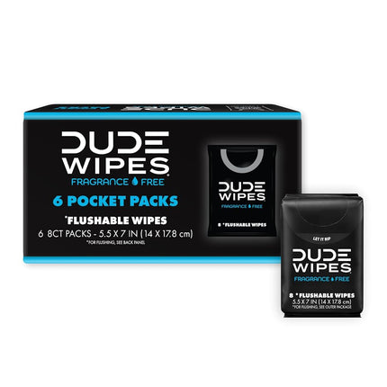 DUDE Wipes Unscented Pocket Packs - Travel Wipes - 12 Packs of 8 (96 Count) - On-The-Go Adult Flushable Wipes for Sensitive Skin - Infused with Vitamin E and Aloe - Septic and Sewer Safe