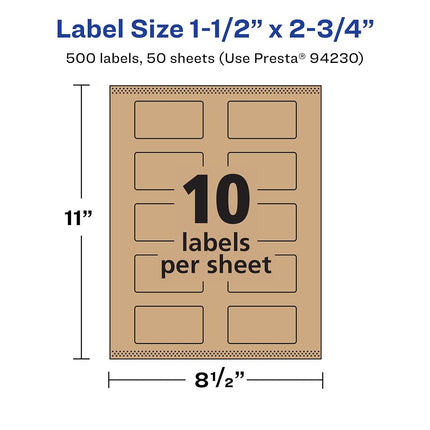 Etiquetas rectangulares Avery de papel kraft marrón con Sure Feed, 1.5" x 2.75", 500 etiquetas de papel kraft marrón, impresión hasta el borde, etiquetas imprimibles con láser/inyección de tinta