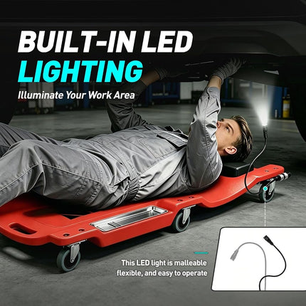 DNA MOTORING 40 Inch Low Profile Plastic Rolling Garage Shop Floor Creeper with LED Light, Padded Headrest, Dual Tool Trays, Casters, Red, TOOLS-00389