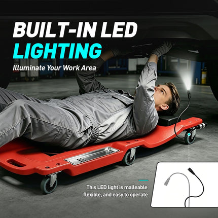 DNA MOTORING 40 Inch Low Profile Plastic Rolling Garage Shop Floor Creeper with LED Light, Padded Headrest, Dual Tool Trays, Casters, Red, TOOLS-00389