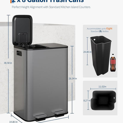 GarveeHome 2 x 8 Gallon Stainless Steel Double Trash Can with Lid for Kitchen, Large Dual Trash and Recycle Bin Combo, Step-on Kitchen Metal Garbage Cans, PP Inner Buckets, Liner Rim, Matte Grey