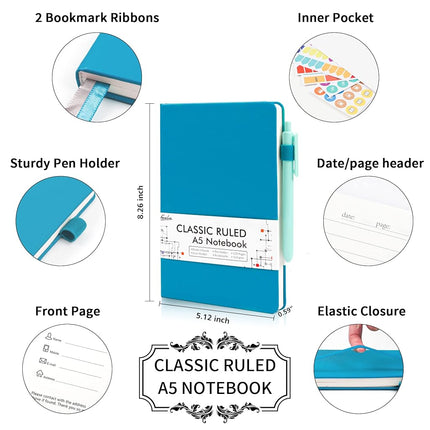 5 Pack Journal Notebook Bulk for School, Feela Hardcover Business Notebooks Classic Ruled Lined Journals with Pen Holder for Work Note Taking, with 5 Black Pens, 120 GSM, 5.1”x8.3”, A5, Teal