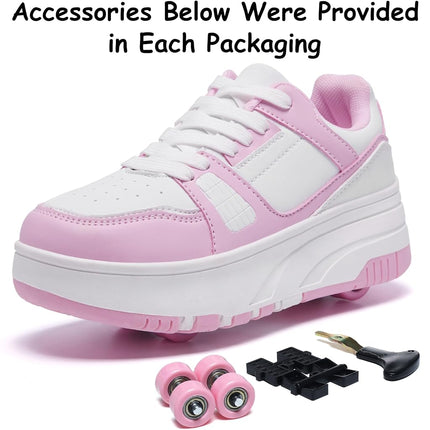 ANEFUN Roller Skate Shoes for Kids Girls Boys Detachable Wheeled Fashion Sneakers White Pink