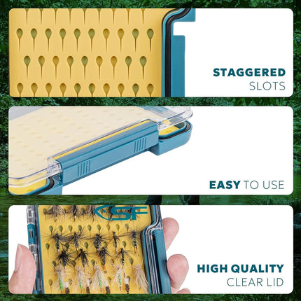 SF Slim Fly Fishing Box Thin Trout Flies Storage Box Plastic Clear Lid Yellow Silicone Waterproof Fly Fishing Box Small