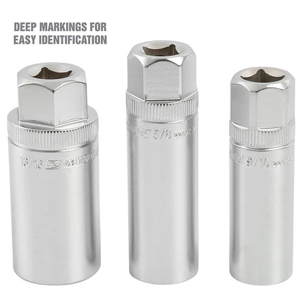 OEMTOOLS 22891 3/8 Drive Magnetic Spark Plug Socket Set, Contains 5/8" (16 mm), 9/16", and 13/16" 6 Point Deep Sockets, Fits Most Car Spark Plugs