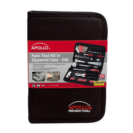 Apollo Tools Jeu d'outils de voiture compact SAE 56 pièces dans une trousse zippée, petit jeu d'outils de mécanicien pour les urgences automobiles, la réparation de motos sur la route, idéal pour les besoins d'outils de voyage - Rouge - DT9774