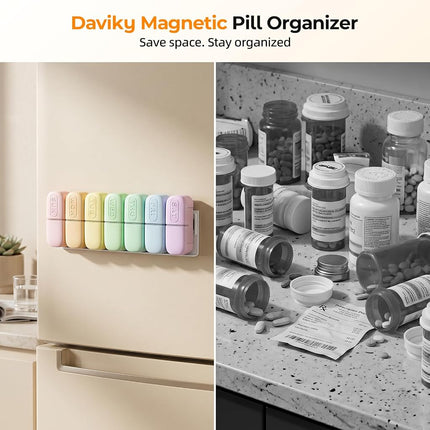 Daviky Magnetic Pill Organizer 2 Times a Day, Weekly AM PM Pill Case, Pill Box 7 Day with Magnets and Stand, Large Medicine Organizer for Medication, Vitamins and Supplements, Macaron