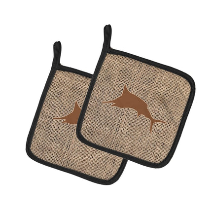Caroline's Treasures Fish-Marlin Faux Burlap and Brown Pair of Pot Holders BB1026-BL-BN-PTHD, Fabric, Multicolor