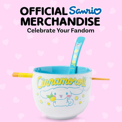Silver Buffalo Sanrio Cinnamorll Holding Lemon Boxed Ceramic Ramen Bowl with Chopsticks and Spoon 20 Ounces