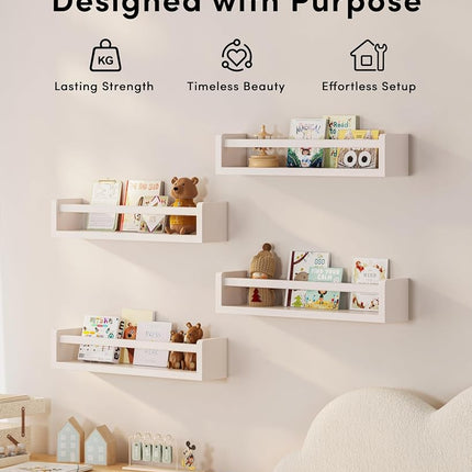 Onlysky Set of 4 Wall-Mounted Kid's Bookshelf - White Floating Nursery Book Shelves - Durable Wood Construction - Ideal for Nursery Decor, Kids Room, Toy Storage