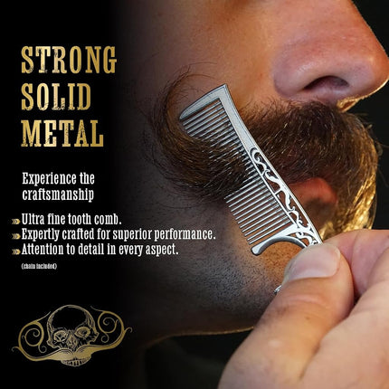 Mustache Wax Extra Strong Hold Bone Crusher 1 oz Tin & Necklace Death Grip Mustache Comb Mens Combo Kit - Grooming For Men Handlebar Moustache