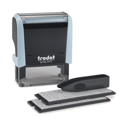 Trodat Printy 4912 Stamp Set in Pastel Blue to Set Yourself – 4 Lines of Text, Imprint 47 x 18 mm, German, Includes Tweezers, Ink Pad Black & Letter and Number Set in Two Sizes
