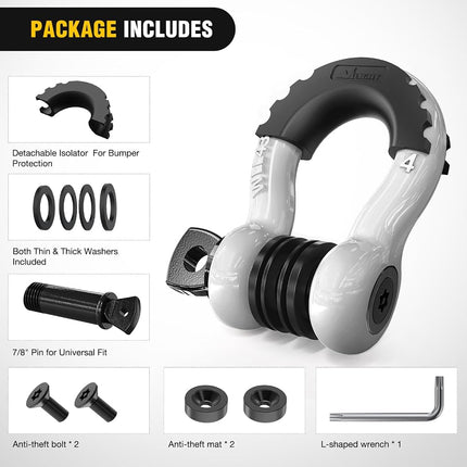 Nilight 3/4 inch D Ring Shackle 2 Pack 19T (41,887 lbs) Break Strength 4.75T WLL Heavy Duty Towing Hook with Anti-Theft System Anti-Rattle Isolators for Truck Jeep SUV ATV UTV Recovery White