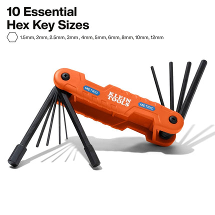 KLEIN TOOLS 70550M Pro Folding Hex Key Set, 10-Key Metric Sizes 1.5mm to 12mm, Industrial Strength Heat Treated Alloy Steel