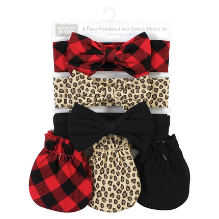 Hudson Baby Unisex Baby Cotton Headband and Scratch Mitten Set, Buffalo Plaid Leopard, 0-6 Months, Buffalo Plaid Leopard, 0-6 Months