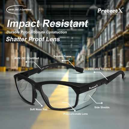 ProtectX Safety Reading Glasses 2.5 Diopter, Safety Glasses with Readers 2.5, Reader Safety Glasses, ANSI Z87.1 Rated with UV Protection - 2 Pack