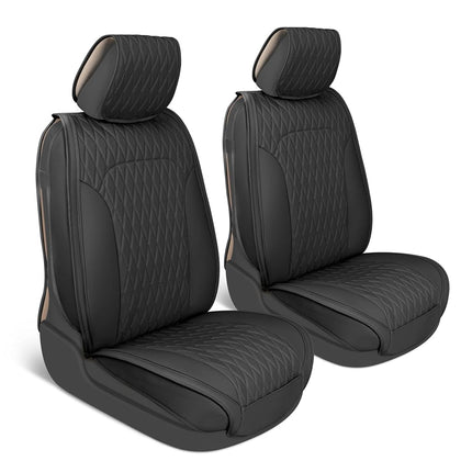 Fundas de asiento de coche MotorBox – Edición DiamondLux de protectores de asiento prémium de piel sintética negra – Accesorios acolchados automotrices con costuras de doble cruz para camiones, todoterrenos, coches – Juego de asientos delanteros