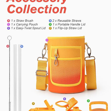 Water Bottle 40 oz Insulated with Straw&Brush, Coolflask Vaccum Stainless Steel Metal 3 Lids Water Flask for Sports, Gym or Office, Keep Cold 48H Hot 24H, Ombre Yellow/Orange