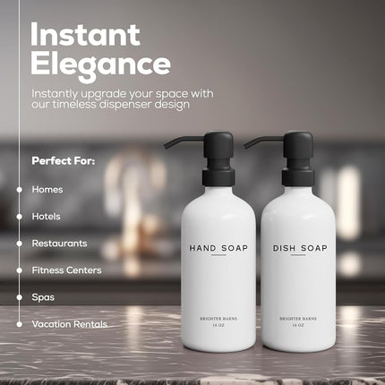 White Glass Hand and Dish Soap Dispenser Set by Brighter Barns - Kitchen Soap Dispenser & Stainless Steel Pump - Glass Bottles for Kitchen Sink - Farmhouse Home Decor, Bathroom Accessories (White)