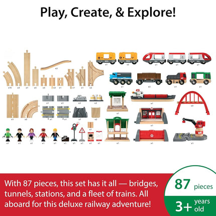 BRIO World Deluxe Wooden Railway Train Set & Track – Large Wooden Train Track with Engine, Wagons, Bridges, Switches & Accessories, Compatible with BRIO World, Educational Toy for Kids 3+