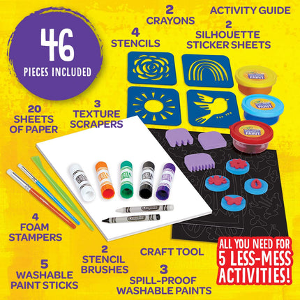 CRAYOLA Kit de actividades de pintura menos desordenada, pinturas y materiales de pintura lavables para niños, juego de arte para niños, 47 piezas, regalo