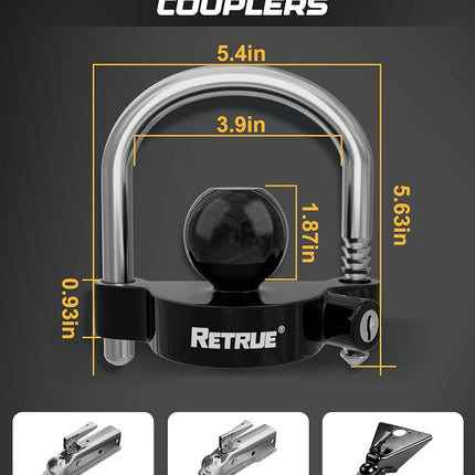 RETRUE Universal Coupler Lock Trailer Locks Ball Hitch Trailer Hitch Lock Adjustable Security Heavy-Duty Steel fits 1-7/8 Inch, 2 Inch, 2-5/16 Inch Couplers, Black, Lightweight …