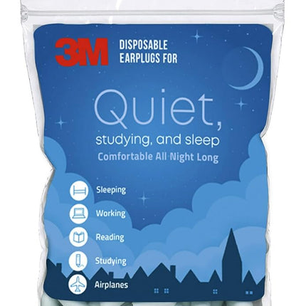 3M Disposable Earplugs For Quiet, Studying & Sleep, 80 Pairs (160 Plugs), Noise Reduction Rating (NRR) 32 dB, Comfortable All Night Long, Light Blue Ear Plugs, Come In Resealable Bag (EPQS-80B-SIOC)