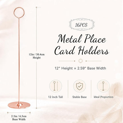 Urban Deco 16PK Table Number Holders Place Card Holders 12 Inch Table Card Holders Steel Card Holders for Photos, Food Signs, Memo Notes, Weddings, Restaurants, Birthdays (Rosegold)