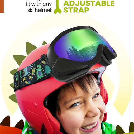 OutdoorMaster Kids Ski Goggles, Snow Goggles for Boys & Girls with 100% UV Protection（Black Frame + VLT 28% Revo Green Lens）