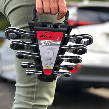 Apollo Tools 5 Piece Metric Steel Ratcheting Wrench Set Includes 5 Ratcheting Wrenches in Quick Release Case for Trunk, Garage and on the Road - DT1213