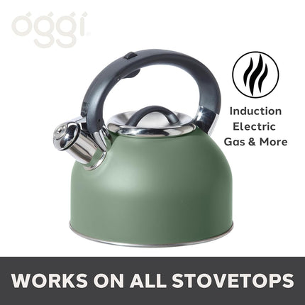 Oggi Stainless Steel Stovetop Tea Kettle - 64oz / 1.9lt, Sage, Loud Crescendo Whistle, Trigger Spout Cover