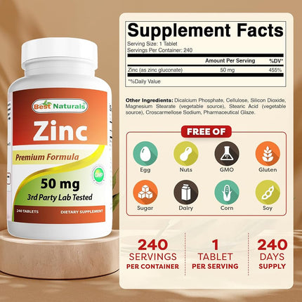 Best Naturals Zinc supplement as Zinc Gluconate 50mg 240 Tablets