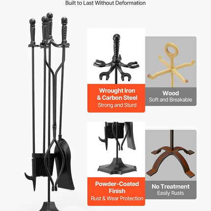 VEVOR Fireplace Tool Set, 5 PCS Fire Tool Set and Holder with Five-Prong Stand, Tongs, Ash Shovel, Brush, Fire Place Poker, Wrought Iron Fireplace Accessories for Campfire Indoor/Outdoor, Black