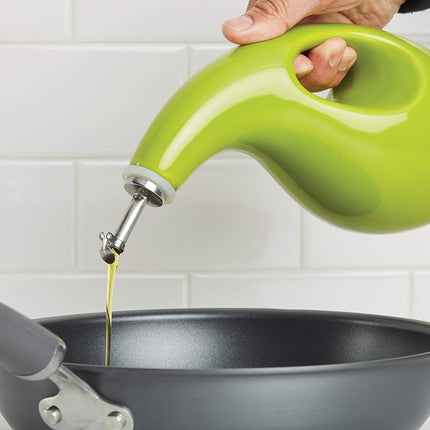 Rachael Ray Botella dispensadora de aceite de oliva de cerámica con esmalte sólido, 710 ml, color verde