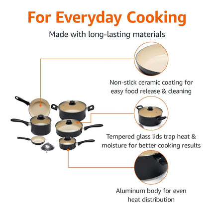 Amazon Basics 11-Piece Ceramic Non-Stick Pots and Pans Set, Dishwasher & Oven Safe, Non-Toxic, Easy Clean, Black/Cream