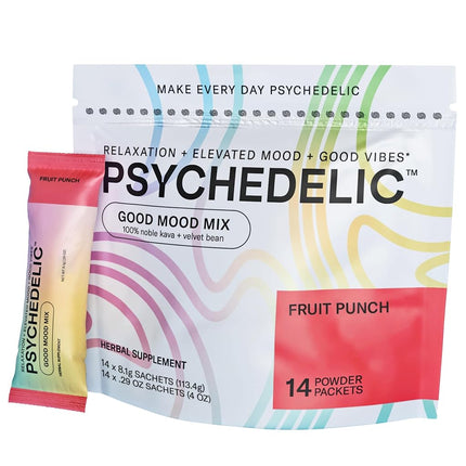 Psychedelic Water Good Mood Mix - Fruit Punch - Powder Packets - Calming Kava Drink Mix - Easy Open Single-Serving - Flavored Kava Powder - Mucuna Pruriens - Stevia - Adaptogen Drink Mix - 14 Stick