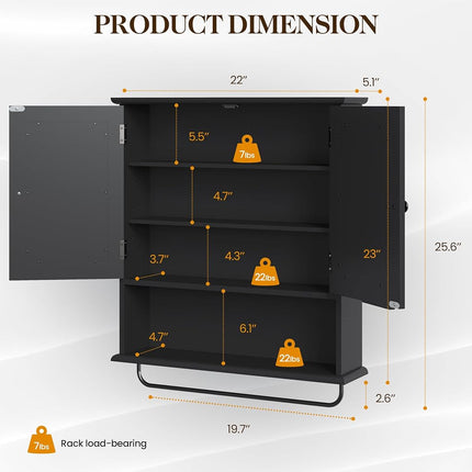 May in Color Vanity Wall Mounted Storage Cabinet, Bathroom Medicine Cabinet with Mirror with Adjustable Shelves and Towel Bar, Hanging Wall Cabinet for Bathroom, Laundry, Living Room, Black