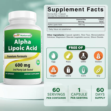 Best Naturals Alpha Lipoic Acid 600 mg 60 Capsules - ALA Powerful Antioxidant