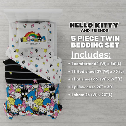 Franco Collectibles Sanrio Hello Kitty & Friends Bedding 5 Piece Super Soft Comforter and Sheet Set with Sham, Twin, (100% Official Licensed Product)