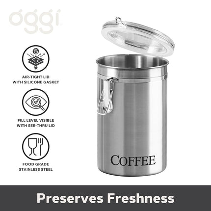 Oggi Stainless Steel Coffee Canister 62 fl oz - Airtight Clamp Lid, Clear See-Thru Top - Ideal for Coffee Bean Storage, Ground Coffee Storage, Kitchen Storage, Pantry Storage. Large Size 5" x 7.5".