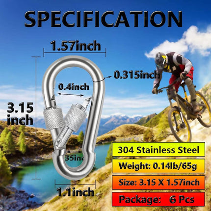 Acquwistach Locking Carabiner Clips 6 Pack 3.15" Stainless Steel Spring Snap Hook Locking Carabiner Heavy Duty - 304 Premium Stainless Steel Thumb Screw Carabiner Clip