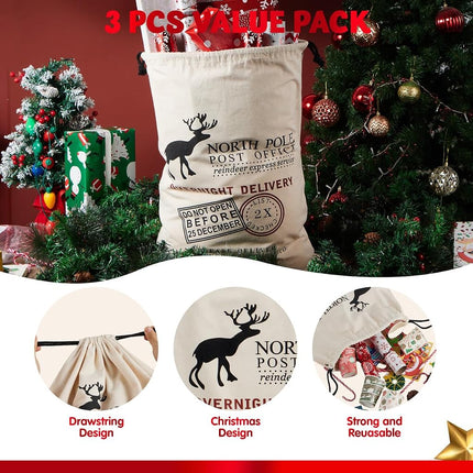 JOYIN 3 PCS Christmas Large Canvas Gift Bag 26" x 19", Drawstring Santa Burlap Sack Reusable Personalized Cloth Pouch for Xmas Presents Package, Party Supplies, Hoilday Decoration, Black&White&Red