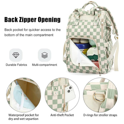 Dezcrab Baby Diaper Bag Backpack for Mom, Large Capacity Travel Nappy Bag for Boys & Girls with Stroller Straps (Corduroy Checkered Green)