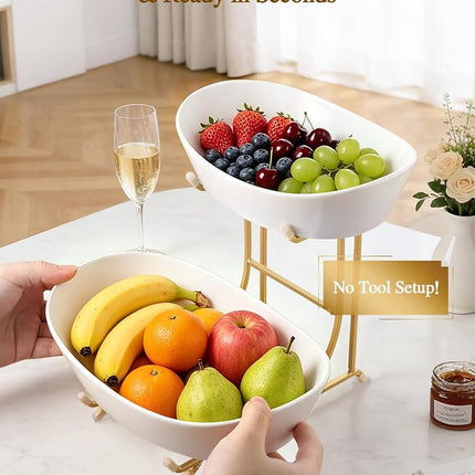 Yedio 2 Tier Ceramic Fruit Bowl for Kitchen Counter with Gold Metal Stand