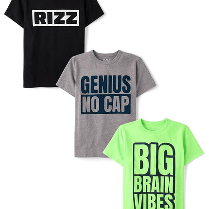 The Children's Place Boys' School,Learning Short Sleeve Graphic T-Shirts,3 Pack, Rizz/Genius/Big Brain, X-Large