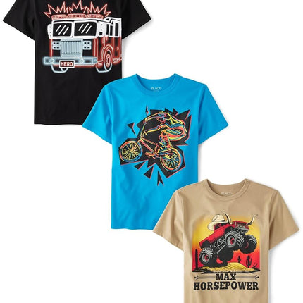 T-shirts graphiques à manches courtes pour garçons The Children's Place avec véhicules, lots multiples, camion de pompiers/vélo/puissance maximale, très petit