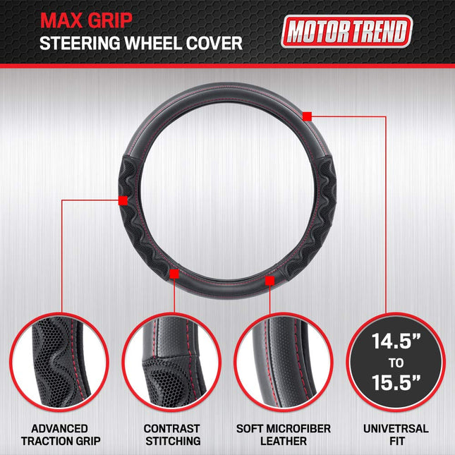 Motor Trend SW-815 Black Max Grip Steering Wheel Cover with Advanced Traction Tread and Contrast Stitching-Universal Fit for Standard Sizes 14.5 15 15.5 inches