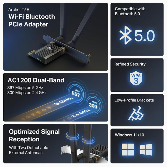 TP-Link AC1200 PCIe WiFi Card for PC |Bluetooth 4.2 |Dual Band Wireless Network Card (2.4Ghz / 5Ghz) | for Gaming, Browsing, Streaming etc.- Supports Windows 10, 8.1, 8 & 7 (32/64-bit) - (Archer T5E)