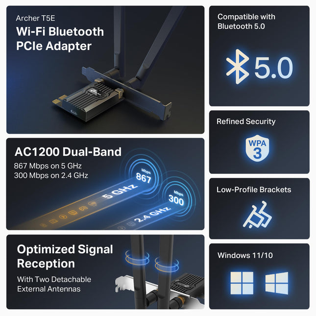 Tarjeta WiFi PCIe TP-Link AC1200 para PC | Bluetooth 4.2 | Tarjeta de red inalámbrica de doble banda (2.4Ghz / 5Ghz) | para juegos, navegación, streaming, etc. - Compatible con Windows 10, 8.1, 8 y 7 (32/64 bits) - (Archer T5E)
