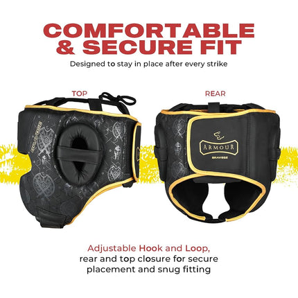 BRAVOSE Armour Boxing Headguard | Professional Strap Boxing, Training, Sparring & Martial Arts Headgear | Head Guard for Ear, Cheek, Face Protection | Helmet for MMA, Kickboxing, Taekwondo (S/M)